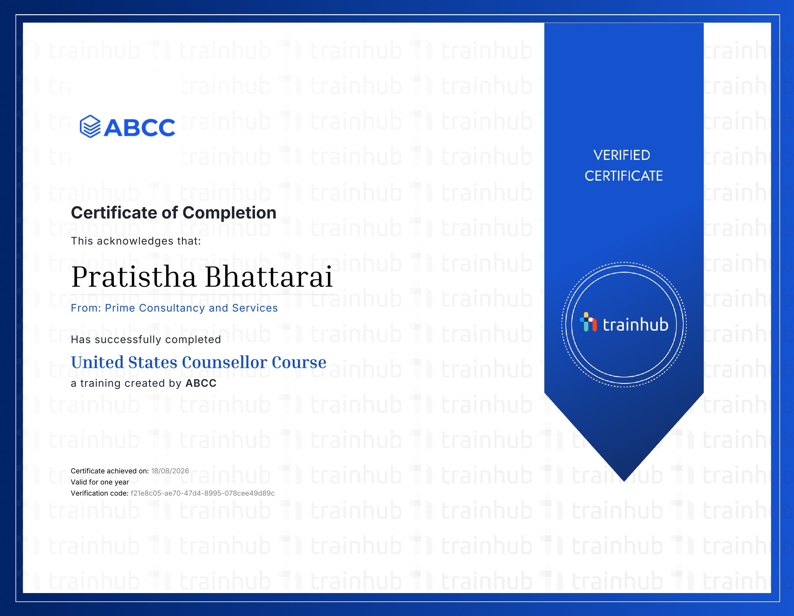 Pratistha Bhattarai - Pratistha Bhattarai- ABCC United States Counsellor Course
